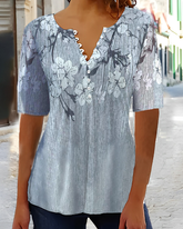 V-ringad Kort ärmad Blusar i blommönster och knappar